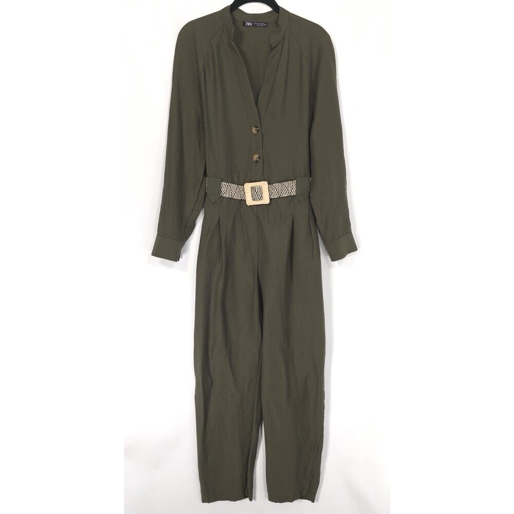 ZARA Jumpsuit MEDIUM Olive Green Utility Button Front V‎ Neck Lyocell 3564/064
